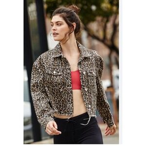 Free People Leopard Print Denim Jacket Raw Hem Cropped Jean Jacket‎ - M